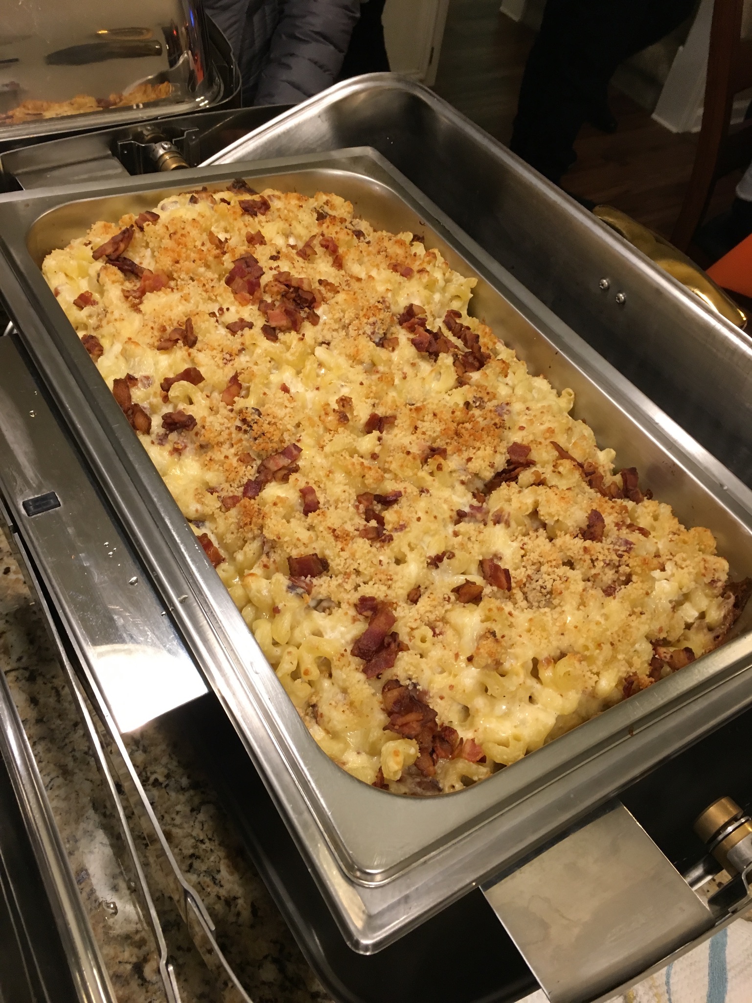 Bacon six cheese cavatappi pasta in a chafing dish