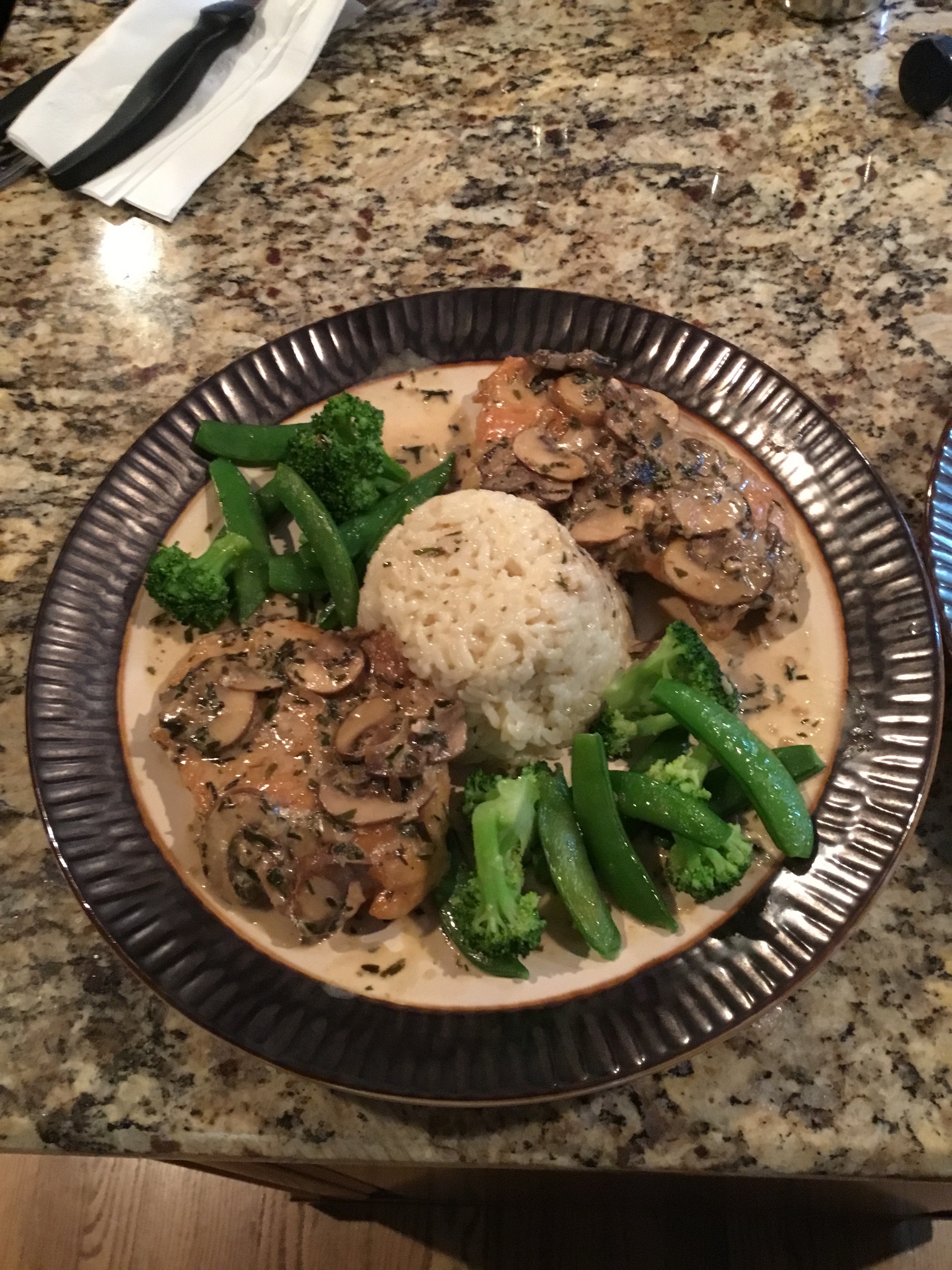 Chicken marsala with timbale of risotto, broccoli, and snap peas